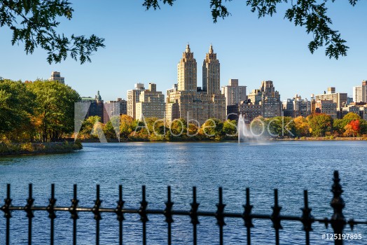 Picture of Manhattan Upper West Side with colorful fall foliage and fountain across Jacqueline Kennedy Onassis Reservoir Central Park West New York City